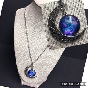 Luvalti Silver Pendant Necklace Crescent Moon Blue Purple Galaxy Retro BoHo